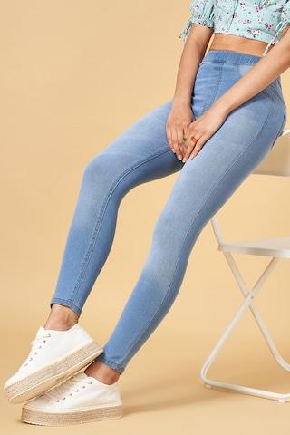 light blue solid full length high rise casual women skinny fit jeggings