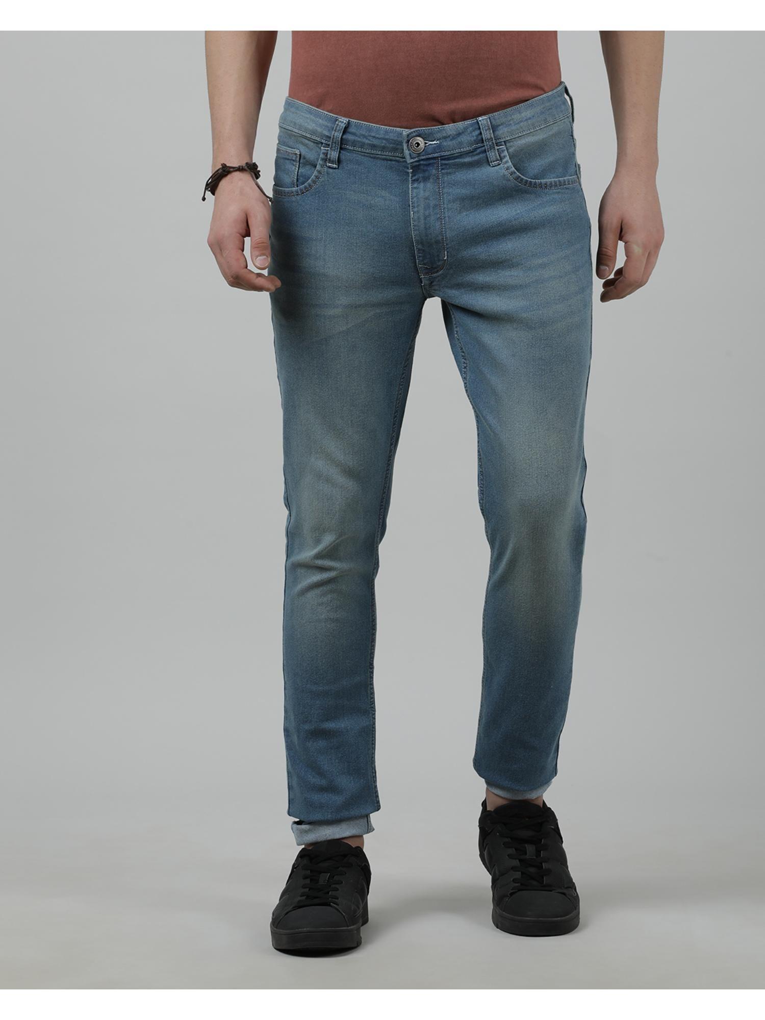 light blue solid mid rise casual slim tapered jeans