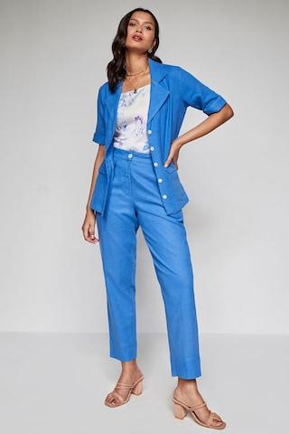 light blue solid regular collar short sleeves women tapered fit top pant set
