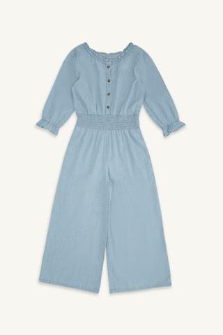 light blue solid round neck casual full length 3/4th sleeves girls regular fit jumpsuit