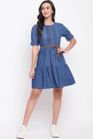 light blue solid round neck casual thigh-length half sleeves women classic fit dress