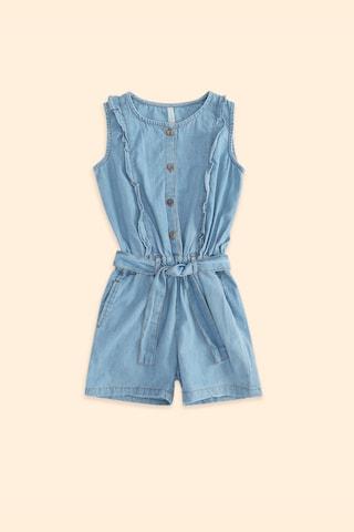 light blue solid round neck casual thigh-length sleeveless girls regular fit jumpsuit