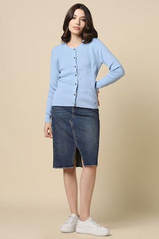 light blue solid round neck women regular fit sweaters