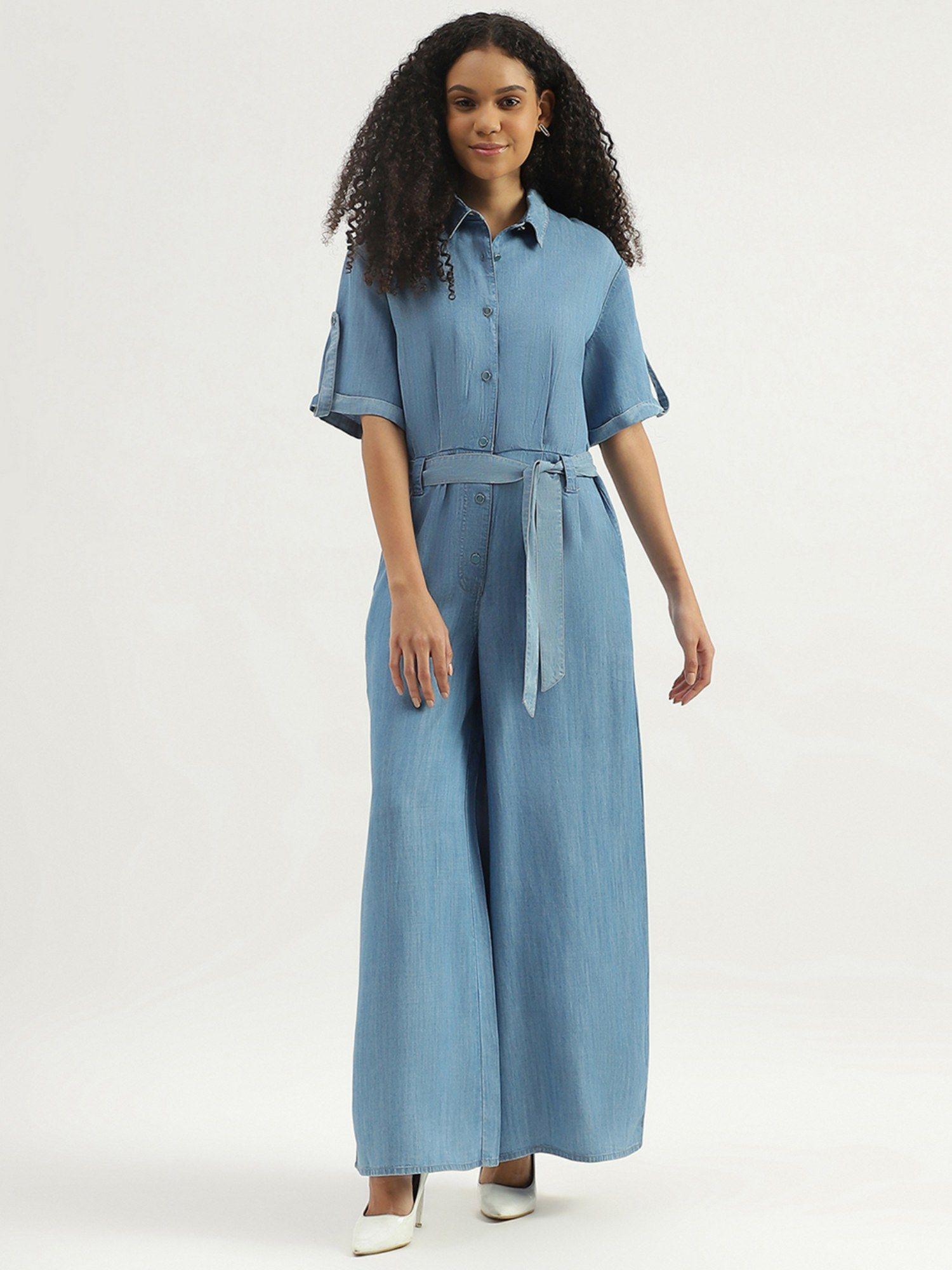 light blue solid spread collar jumpsuit with belt (set of 2)