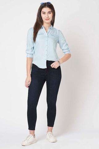 light blue solid tencel regular collar women slim fit shirts