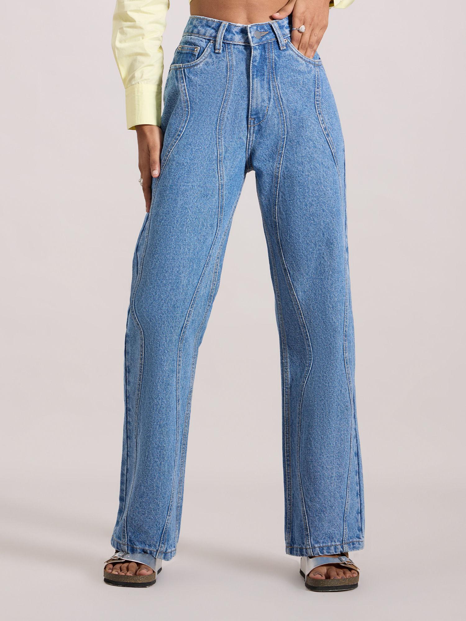 light blue solid wavy pattern straight fit denim pant