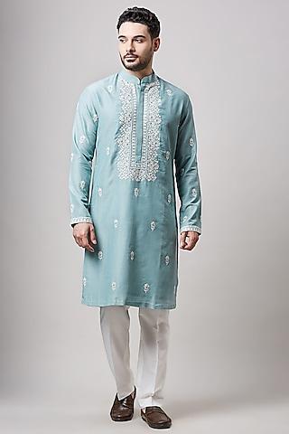 light blue soy silk embroidered kurta set