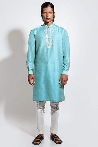 light blue spun cotton embroidered kurta set