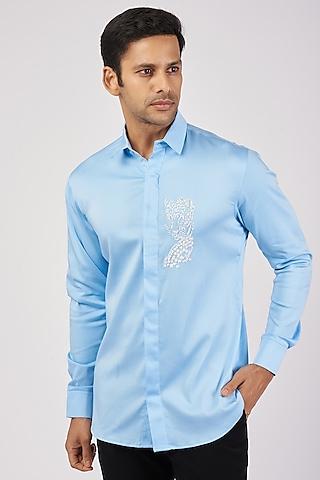 light blue stretchable cotton hand embroidered shirt