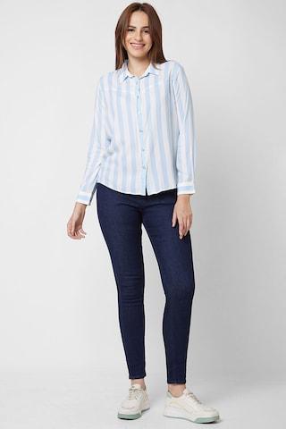 light blue stripe casual full sleeves regular collar women regular fit shirt