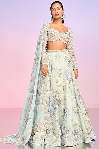 light blue tabby silk floral printed lehenga set