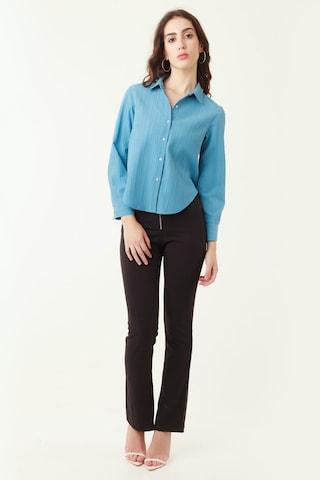 light blue textured casual full sleeves regular collar women regular fit shirt