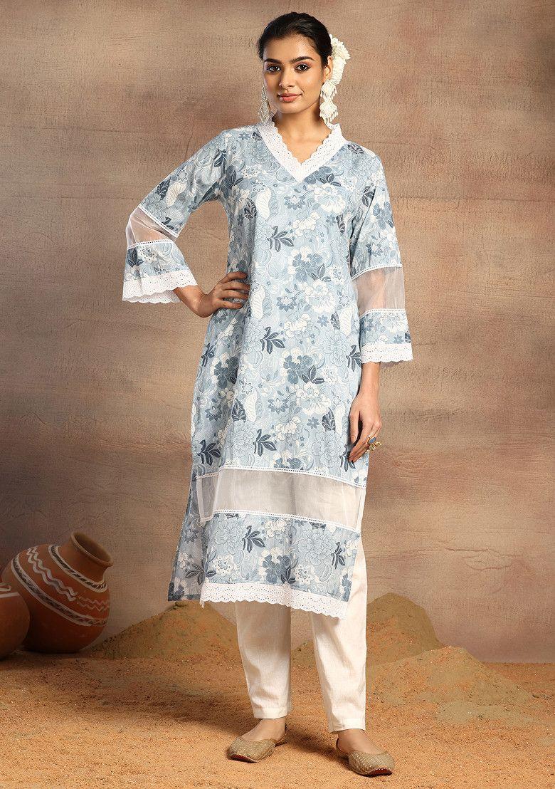 light blue v-neck floral print cotton kurta