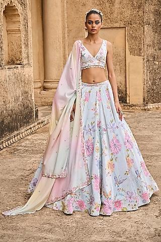 light blue velvet printed lehenga set