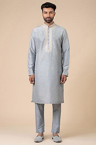 light blue viscose blend aari embroidered kurta set
