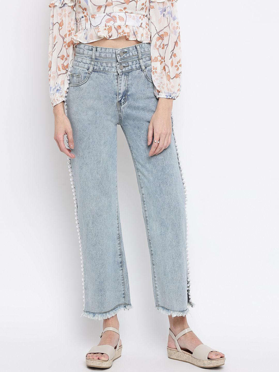 light blue washed pearl detail wide leg jeans