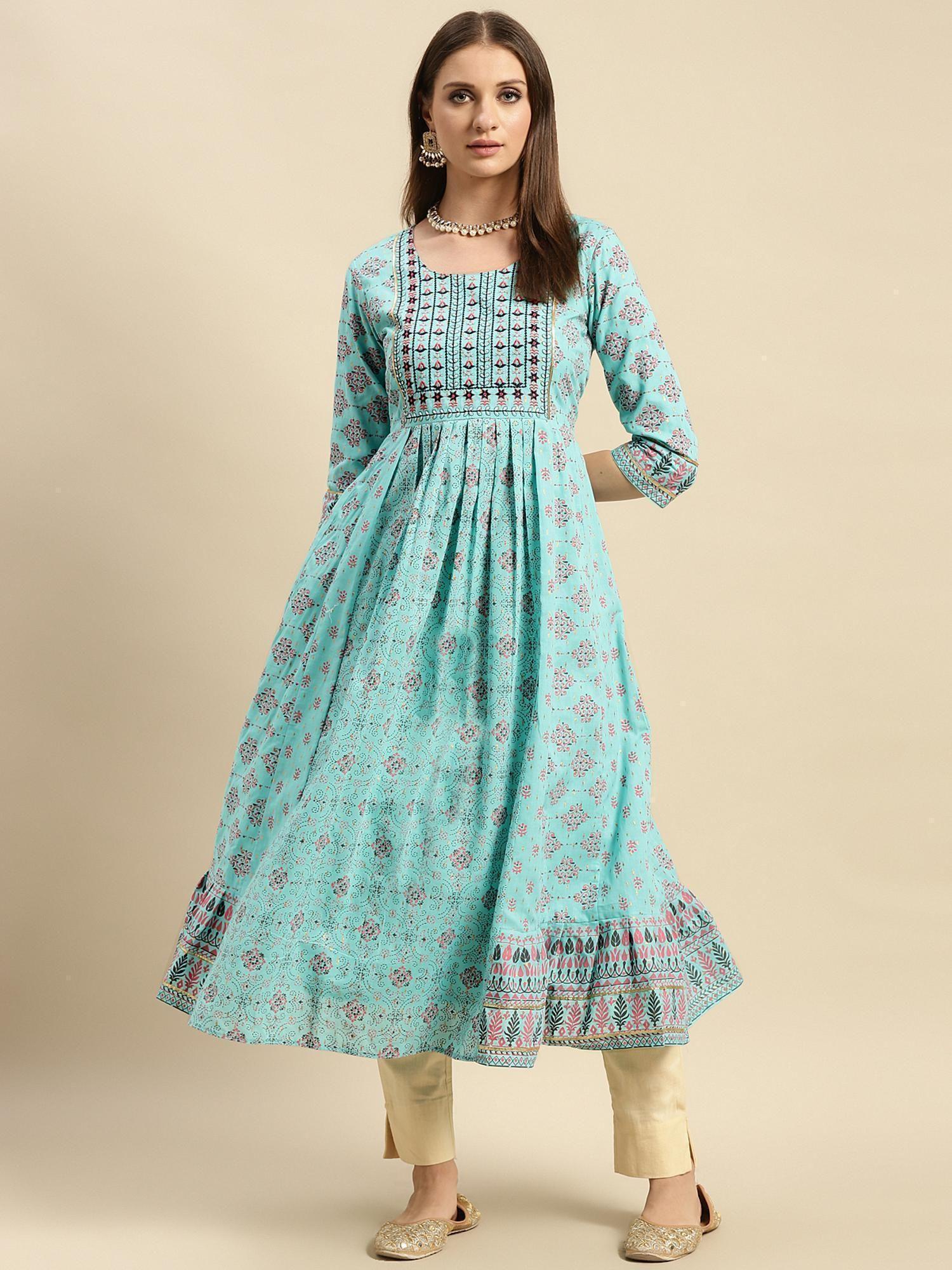 light blue yoke embroidered ankle length anarkali kurta