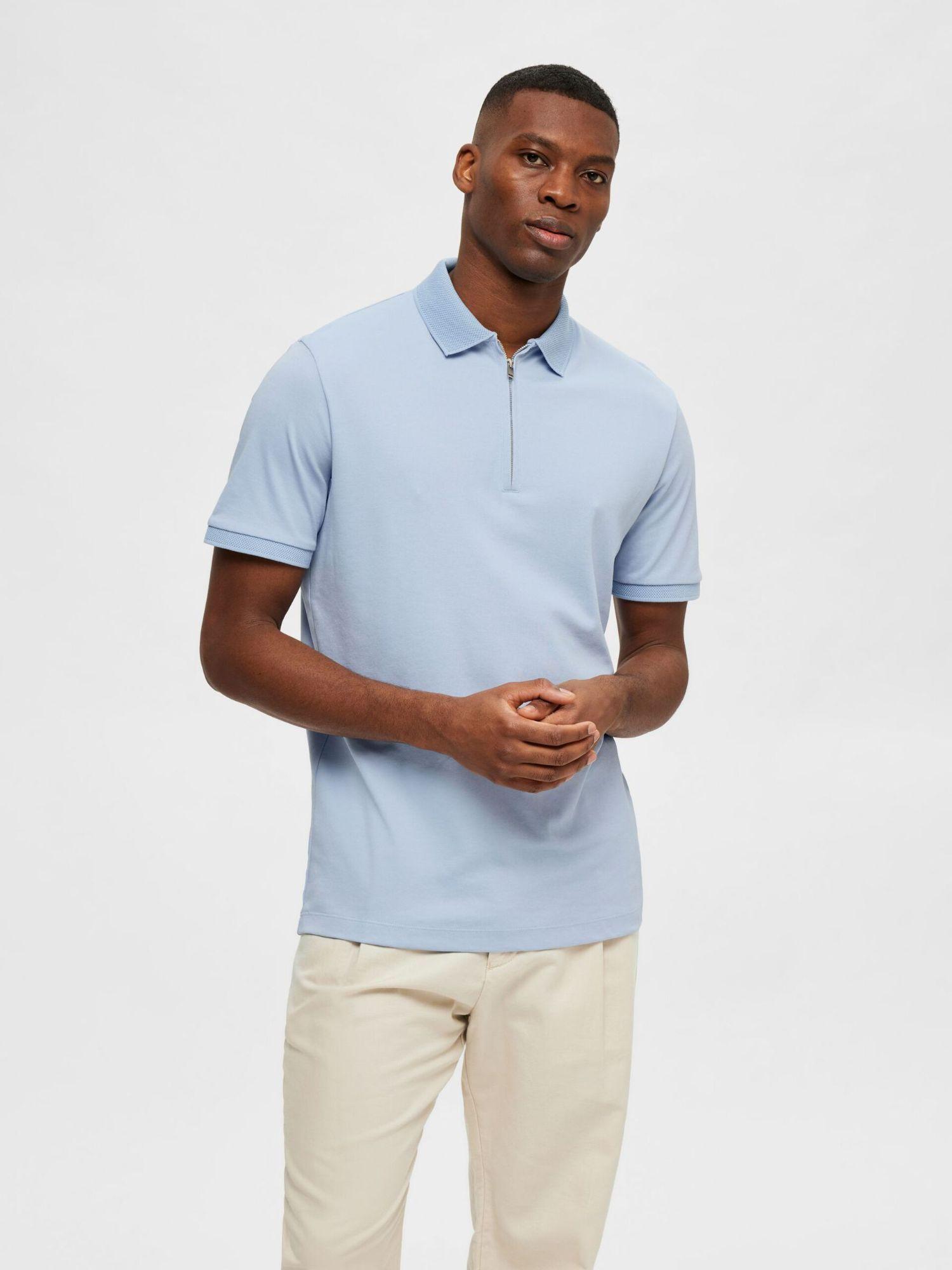 light blue zip-collar polo t-shirt