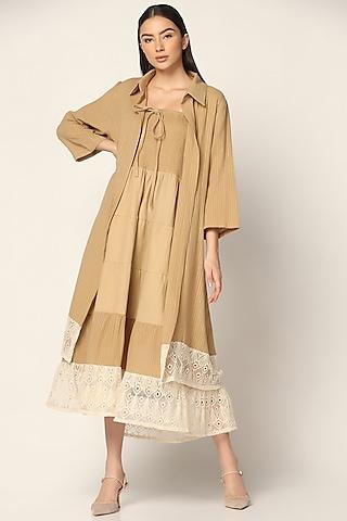 light brown cotton thread embroidered dress with long shirt