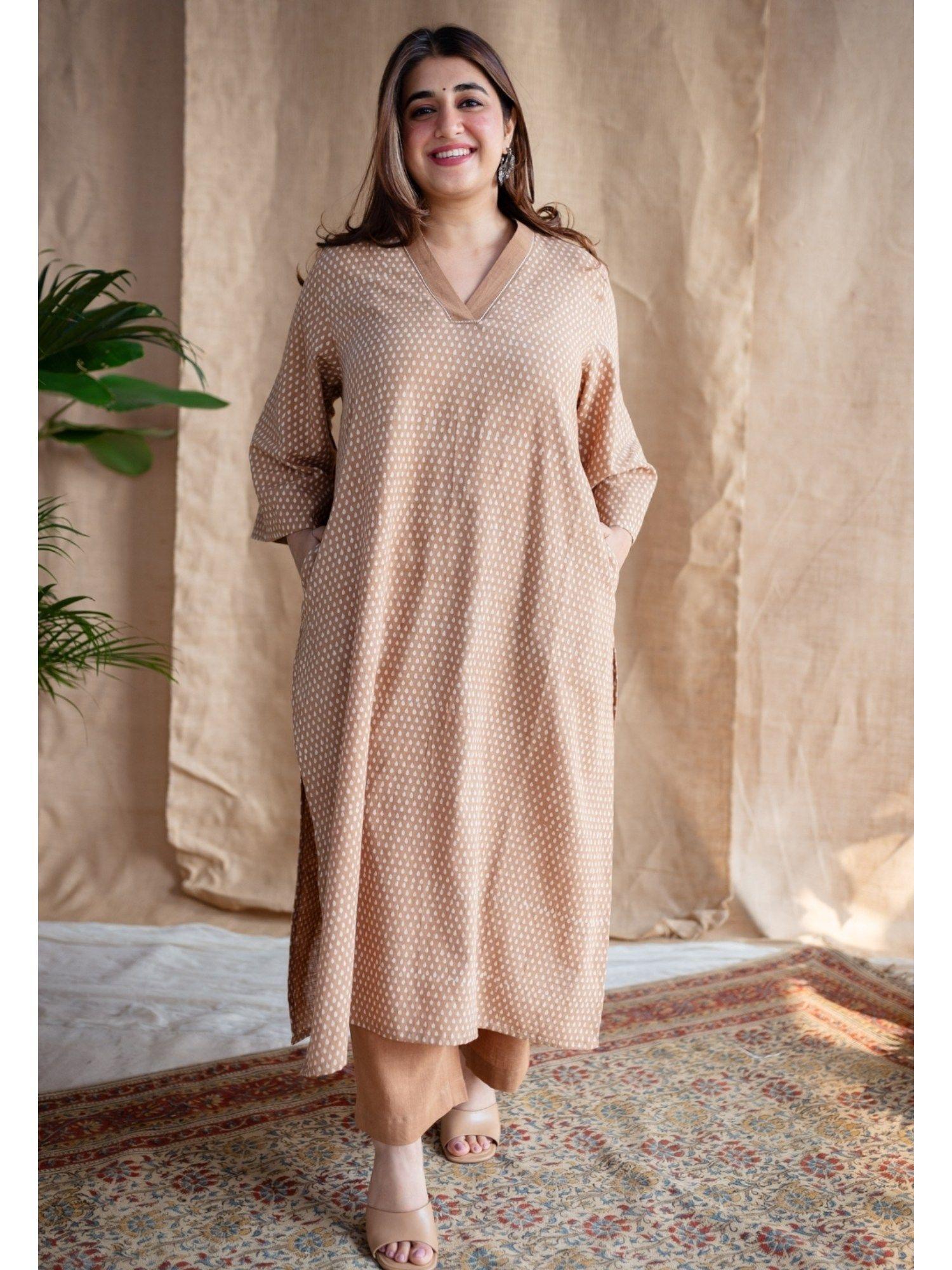 light brown dabu slub cotton hand printed kurta