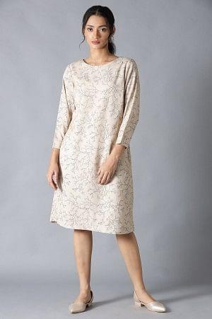 light brown flora print dress in round neck