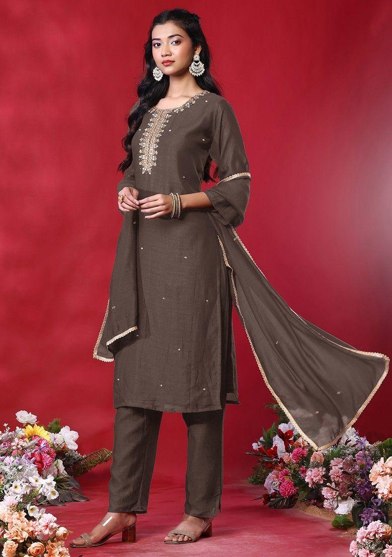 light brown hand embroidered kurta set with pants and dupatta