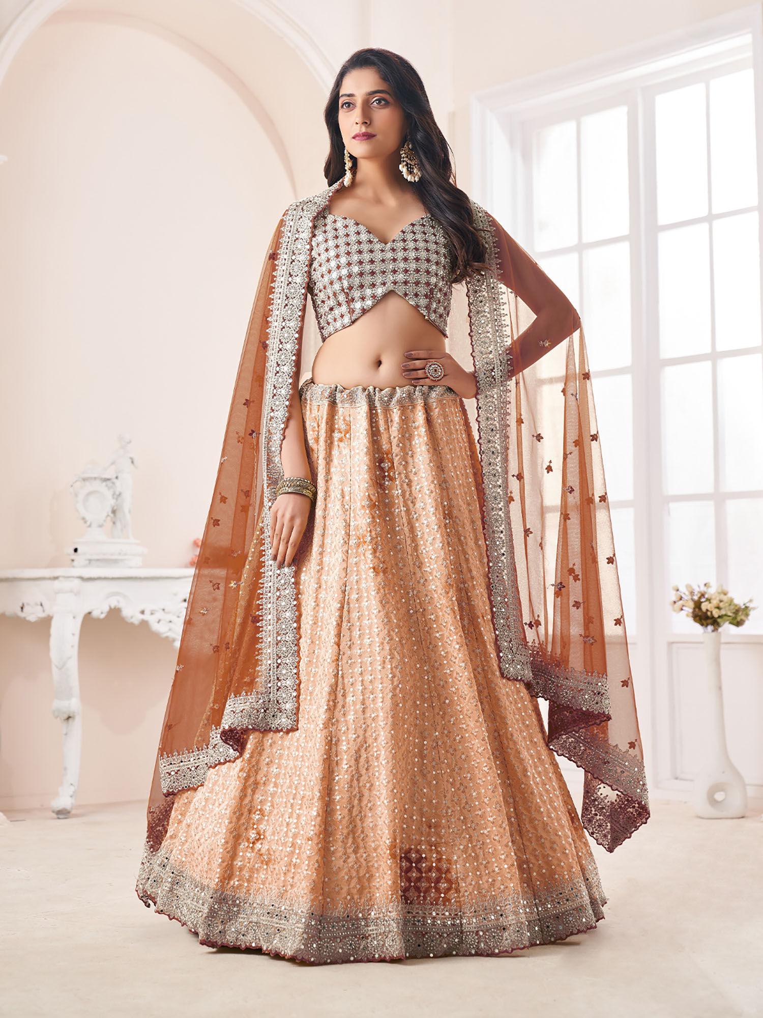 light brown shibori crepe embroidered semi stitched lehenga with unstitched blouse (set of 3)