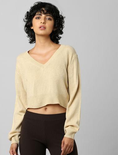 light brown v-neck cropped pullover