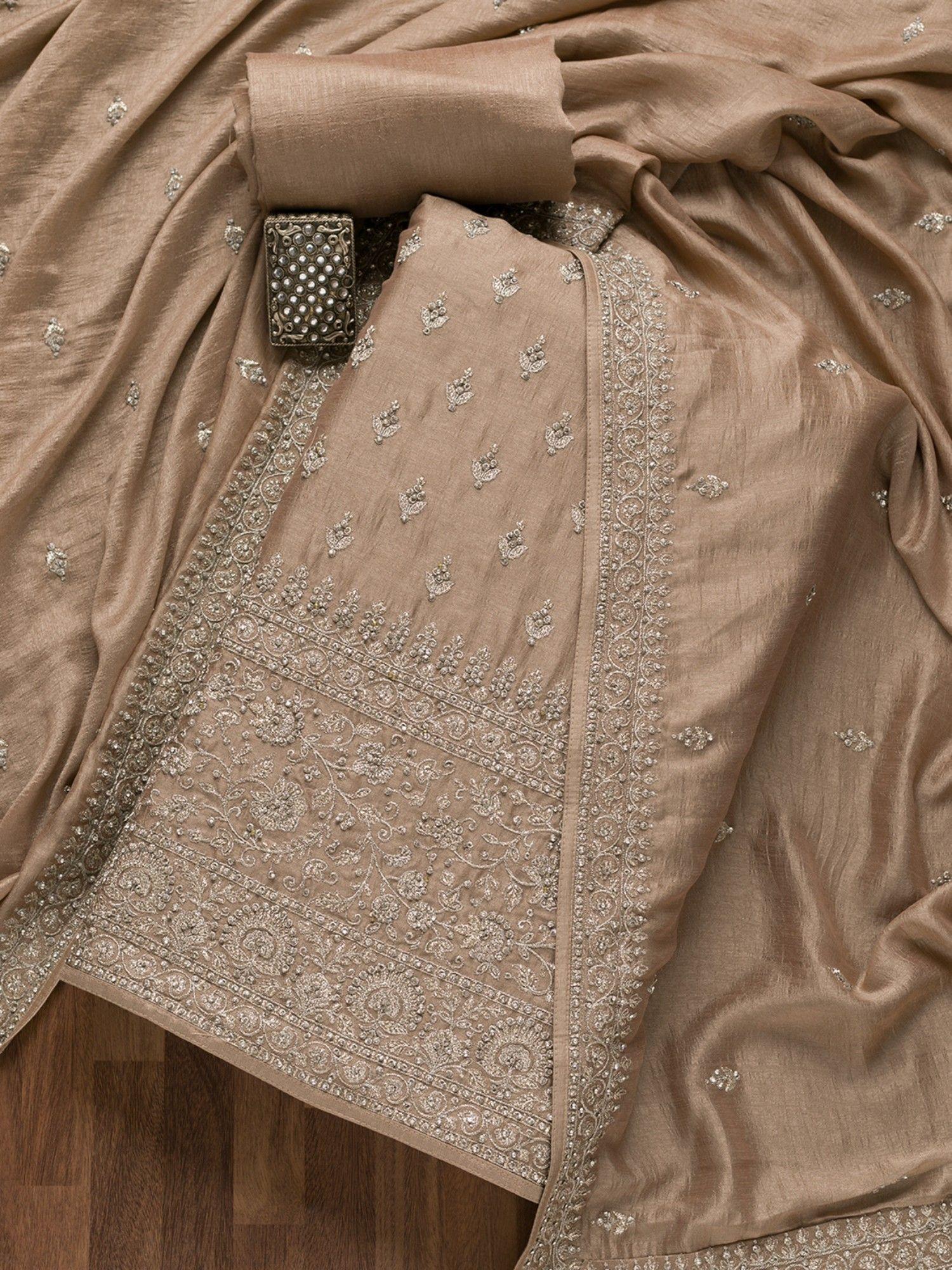 light brown zari work raw silk unstitched salwar suit (set of 3) (set of three)