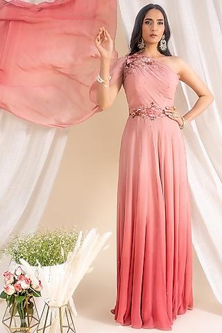 light coral pink ombre one-shoulder gown