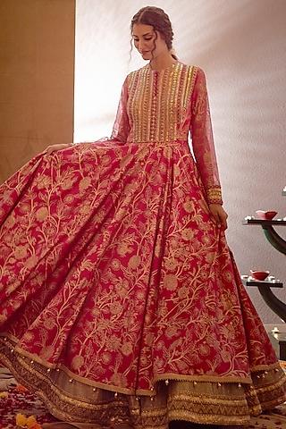 light coral pink printed & embroidered anarkali set