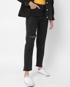 light distress high-rise straight jeans