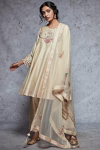 light gold embroidered kalidar kurta set