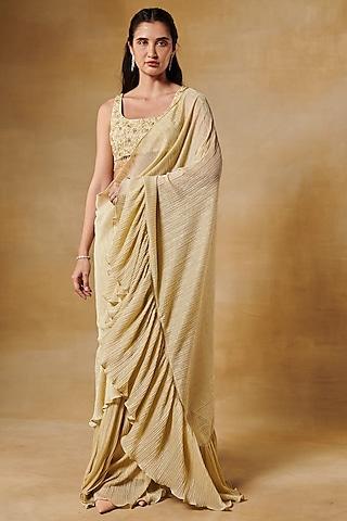 light gold foil georgette bead embroidered ruffled saree set