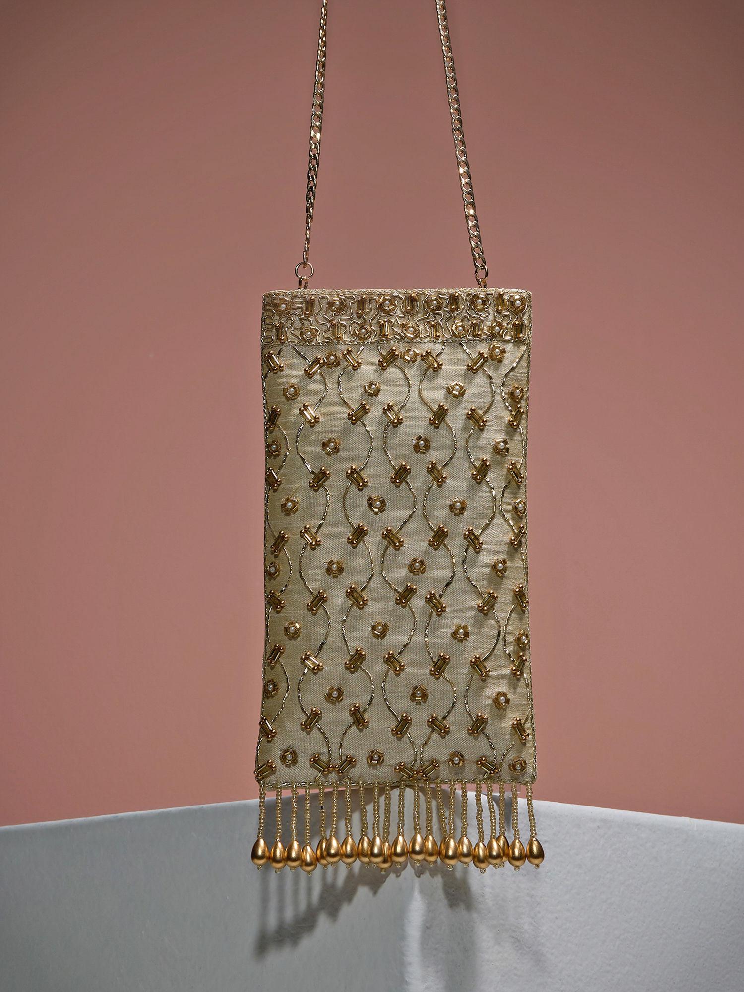 light gold mobile phone fringed pouch with gold pita work ggbag01 (free size)