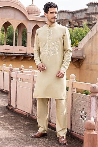 light gold moonga silk metal work kurta set