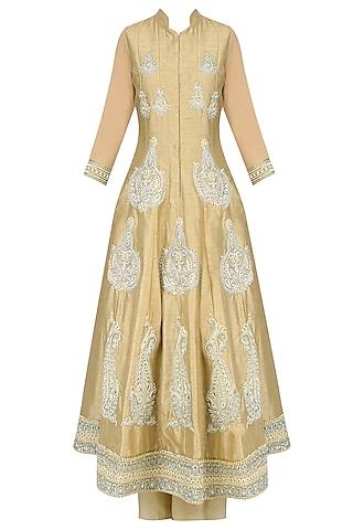 light gold paisley motif embroidered anarkali set with palazzo pants