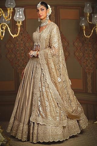 light gold silk chanderi gota embroidered kalidar lehenga set