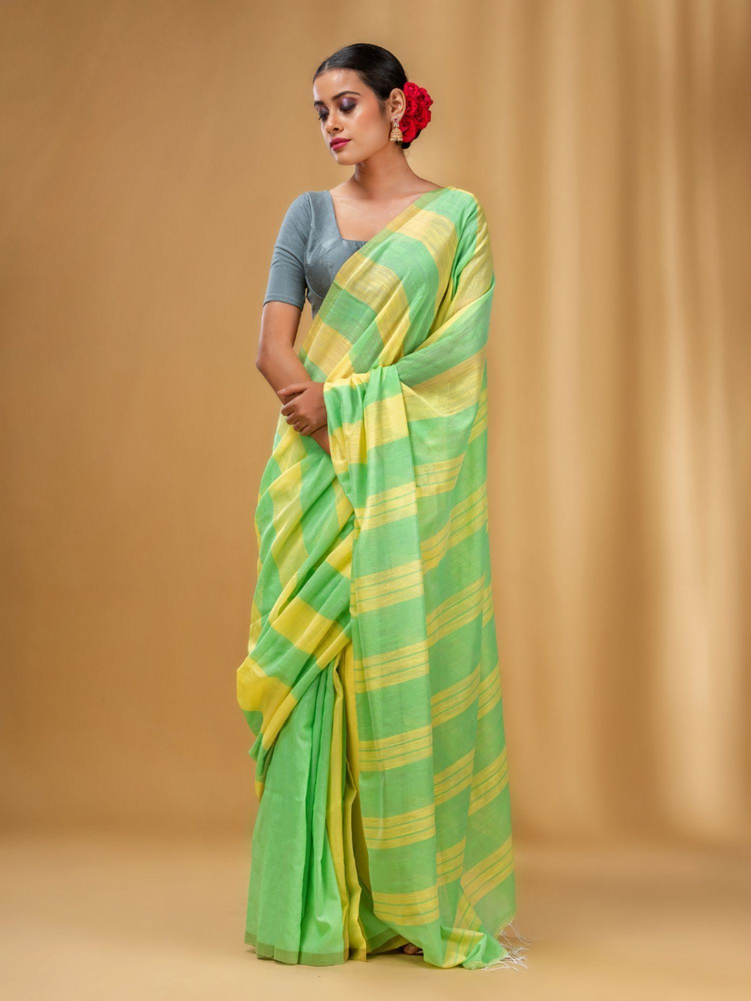 light green and yellow cotton handwoven half n half stripe saree with unstitched blouse