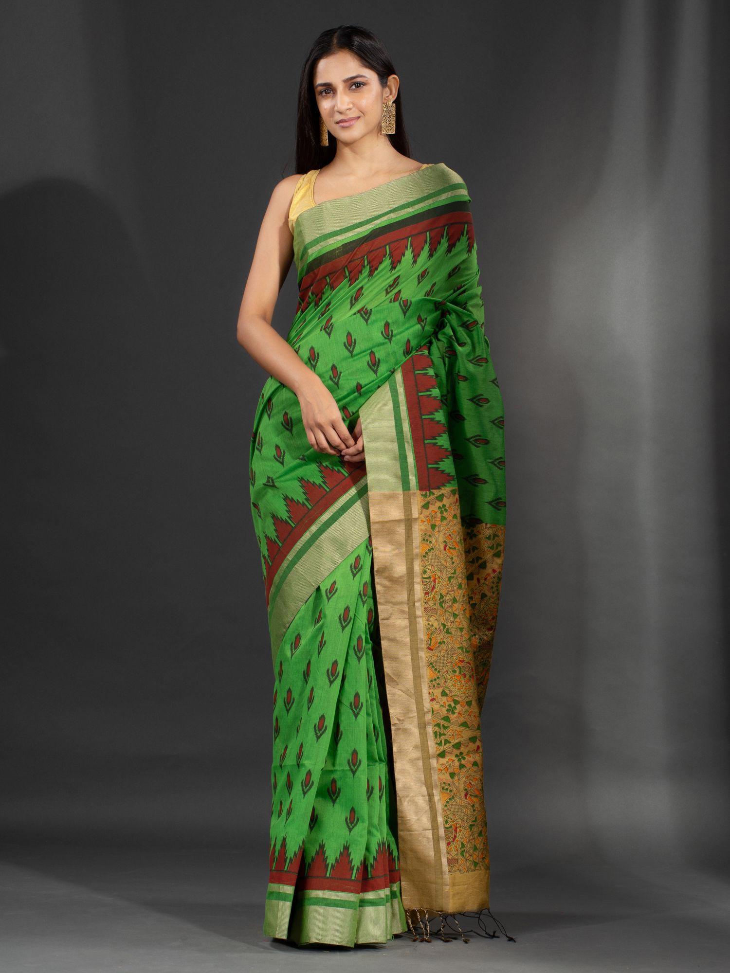 light green blended cotton printed saree with unstitched blouse