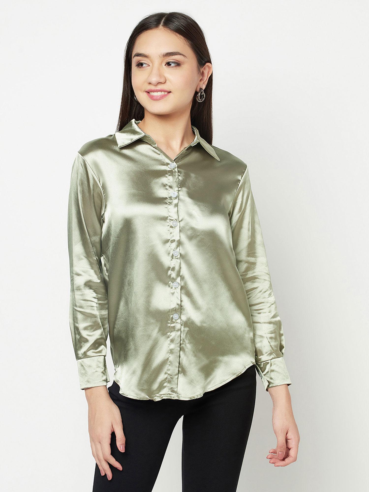 light green button front satin shirt