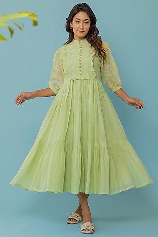 light green chanderi embroidered dress