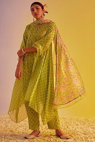 light green chanderi hand embroidered & digital printed kurta set