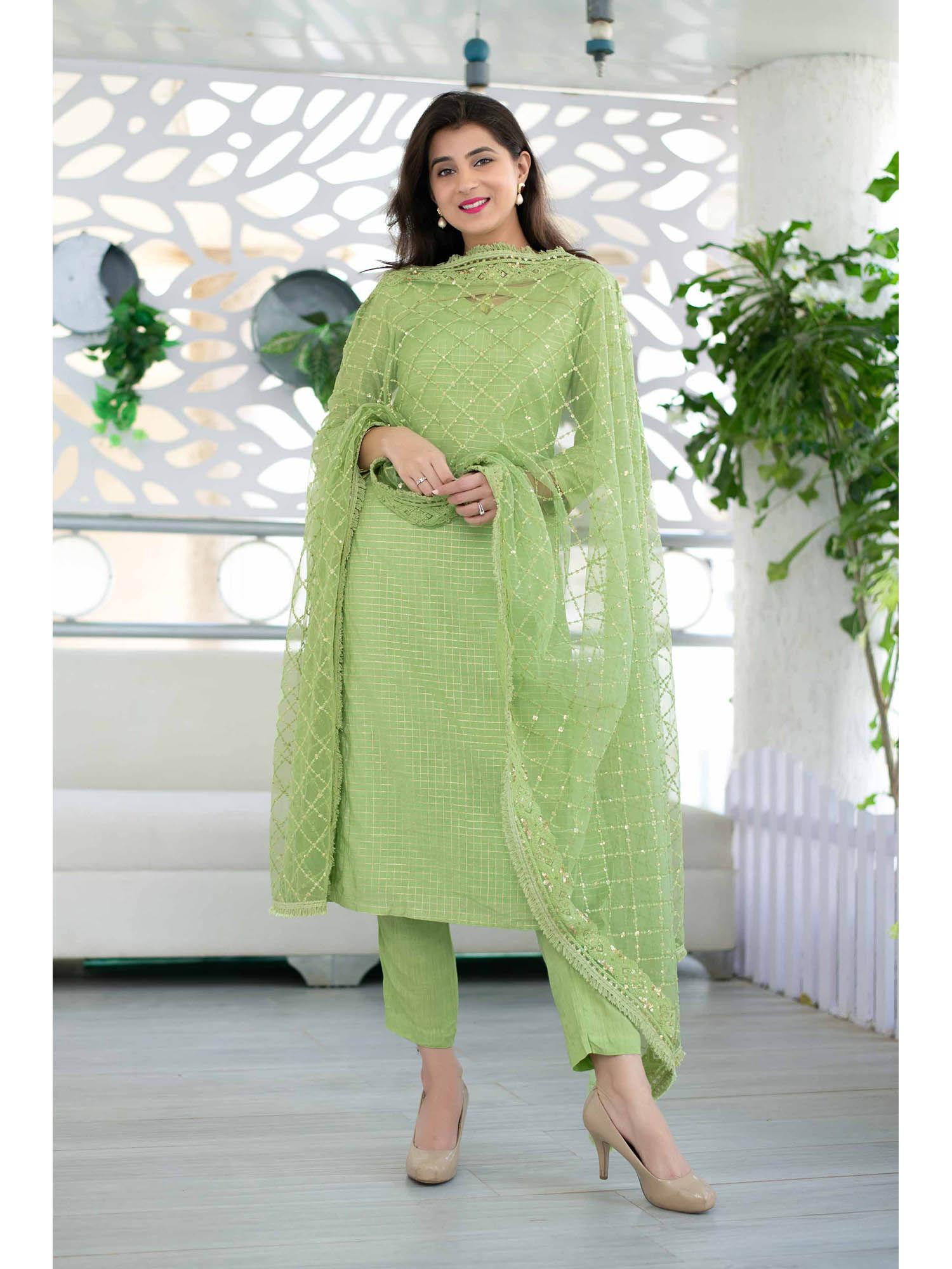 light green chanderi suit and pant with heavy net dupatta (set of 3)