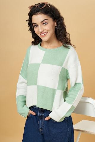 light green check casual full sleeves round neck women comfort fit  sweater
