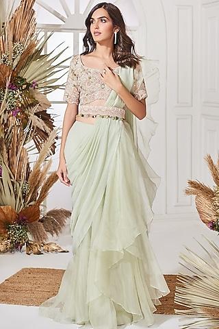 light green chiffon draped saree set