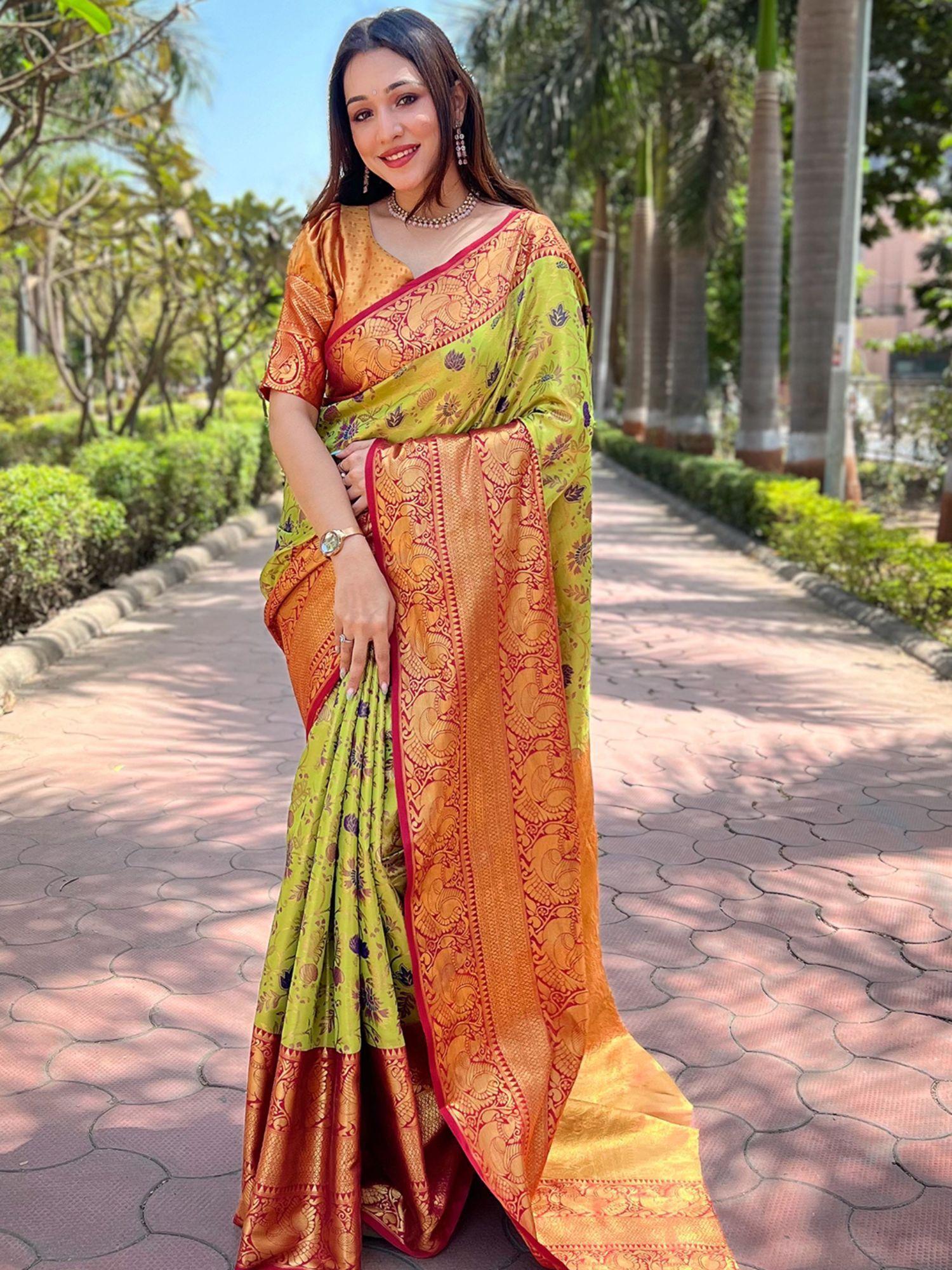 light green colour banarasi one grm tissue silk festive wear saree with unstitched blouse