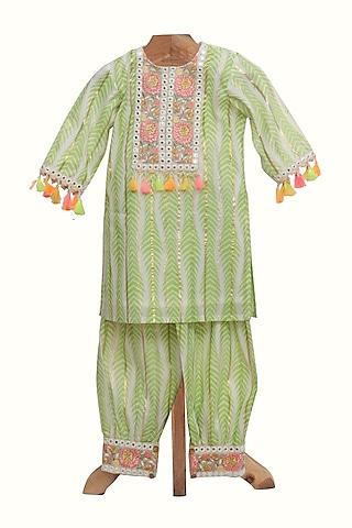light green cotton printed kurta set for girls