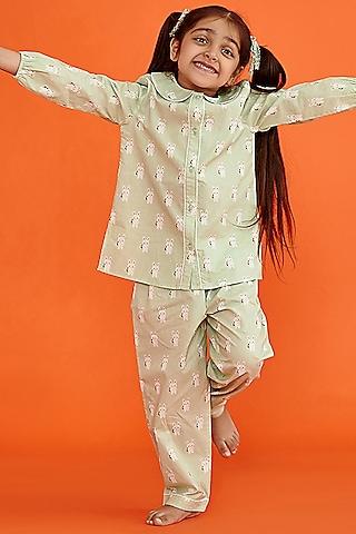 light green cotton printed night suit set for girls