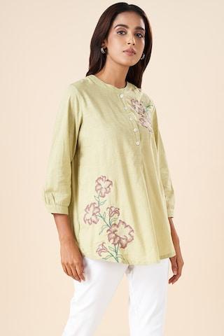 light green embroidered casual 3/4th sleeves mandarin women regular fit tunic